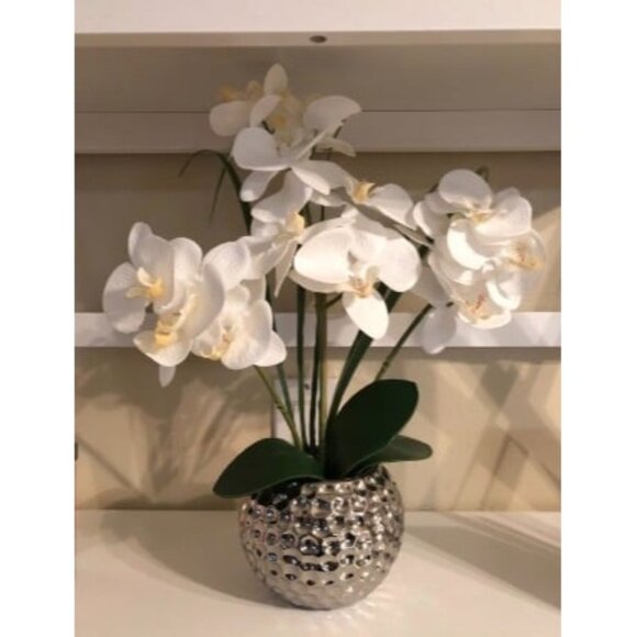 New Orchids Artificial Flowers, 20'' White Faux Orchid with Silver Vase - Picture 1 of 1